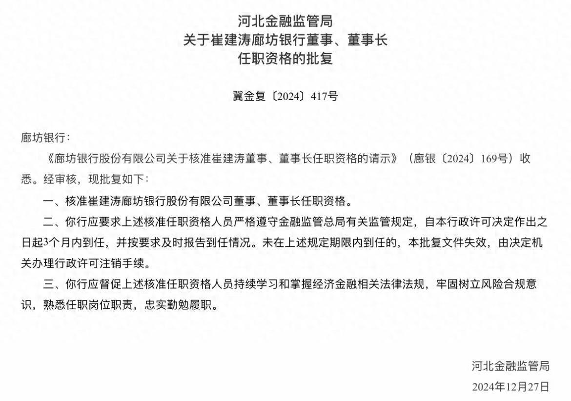廊坊银行“元老”邵丽萍卸任，新董事长崔建涛面临考验(图1)